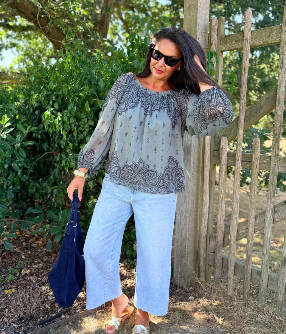 Grey Print Boho Blouse