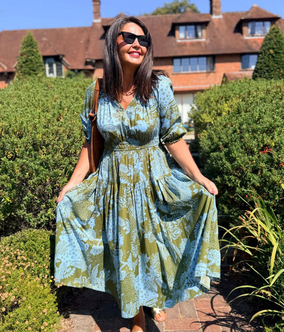 Green Flower Print Waisted Midi Dress