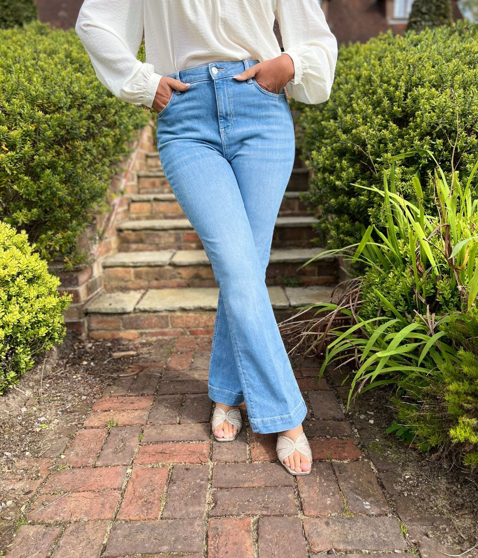 Light Denim Crease Front Slim Flare Jeans