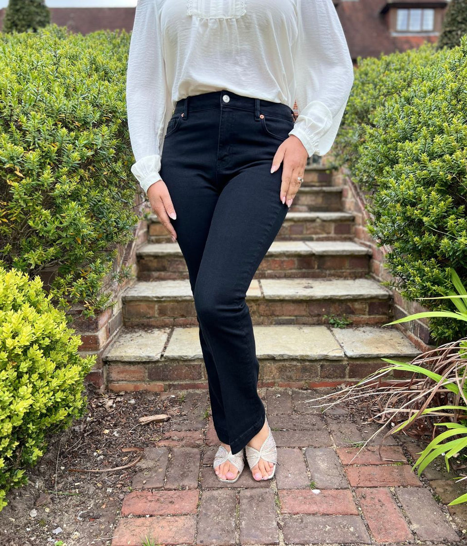 Black Denim Crease Front Slim Flare Jeans