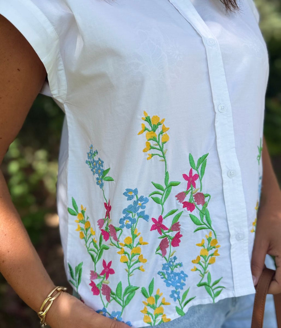 White Floral Embroidered Sleeveless Shirt