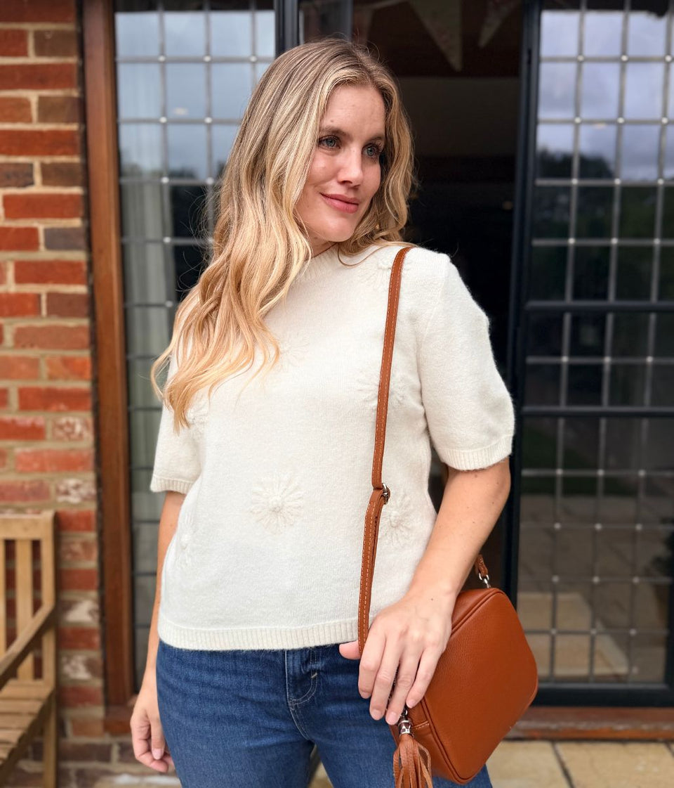 Ecru Flower Embellished Short Sleeve Jumper