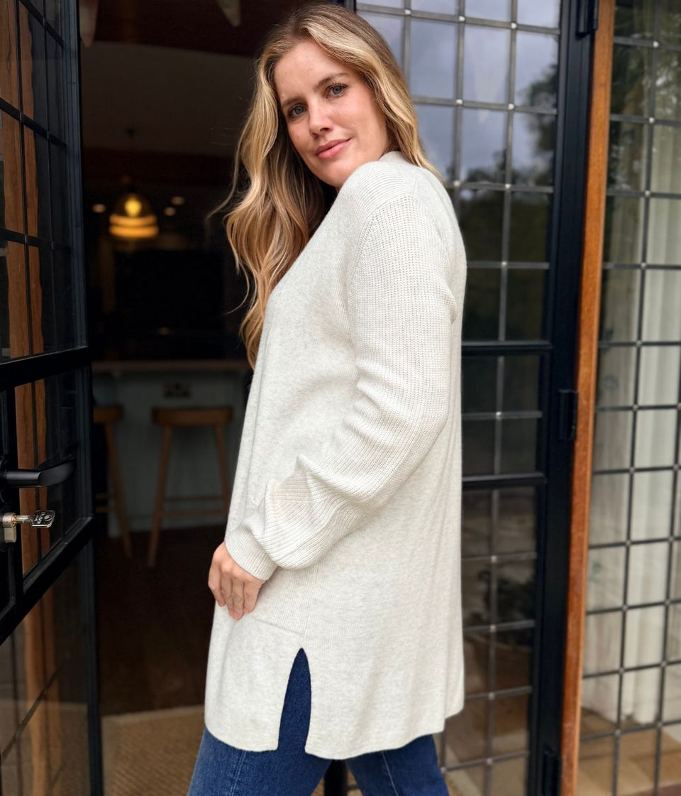 Light Grey Marl Ribbed Edge to Edge Longline Cardigan