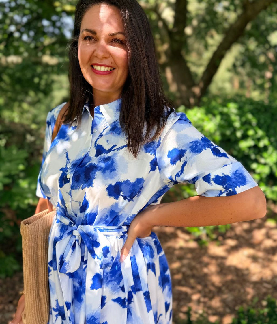 Blue Floral Midi Shirt Dress