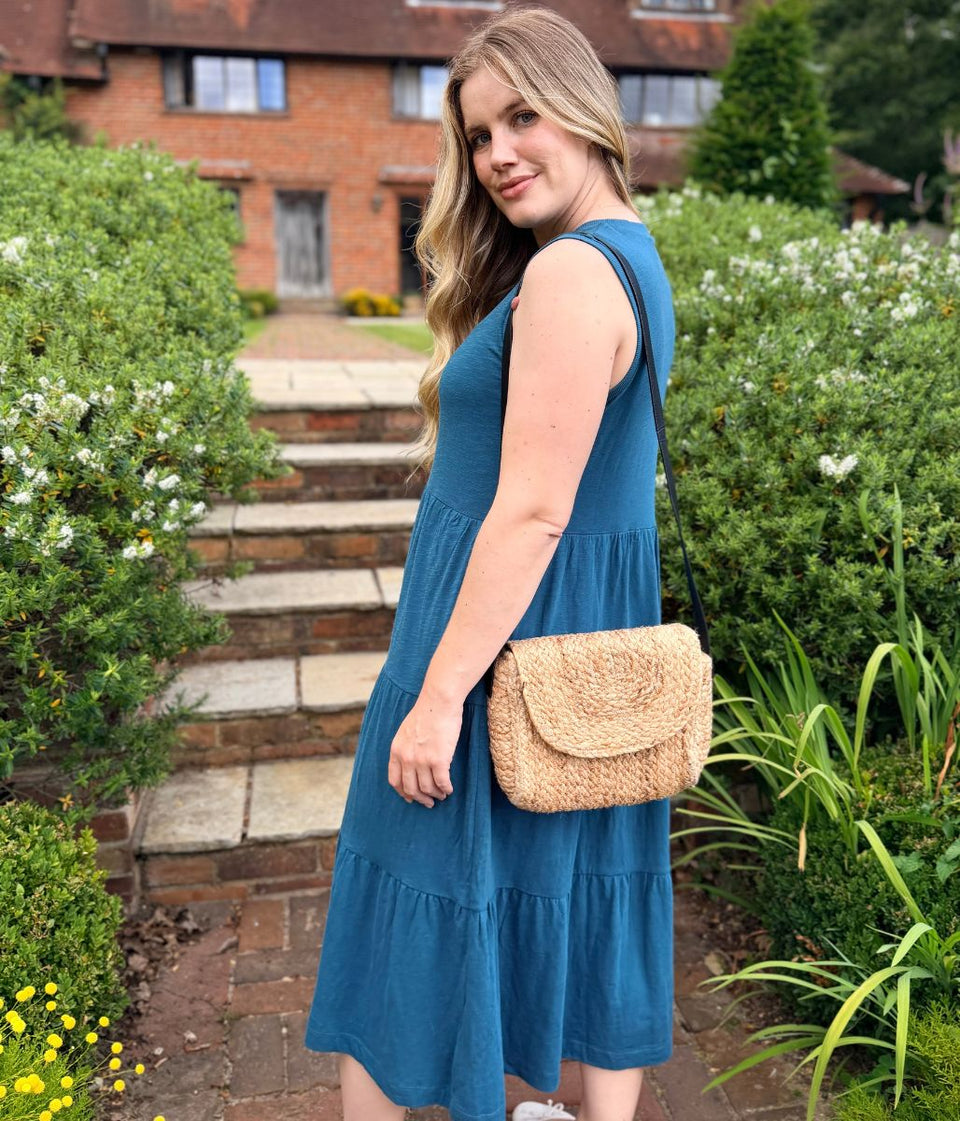 Teal Sleeveless Cotton Slub Jersey Tiered Midi Dress