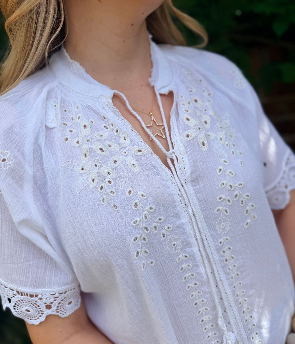 White Embroidered Tassel Top