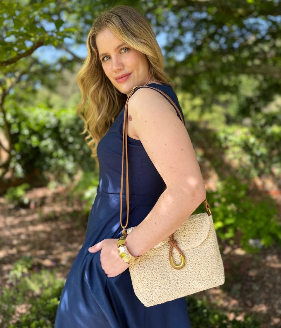 Navy Sleeveless Belted Linen Blend Midi Dress