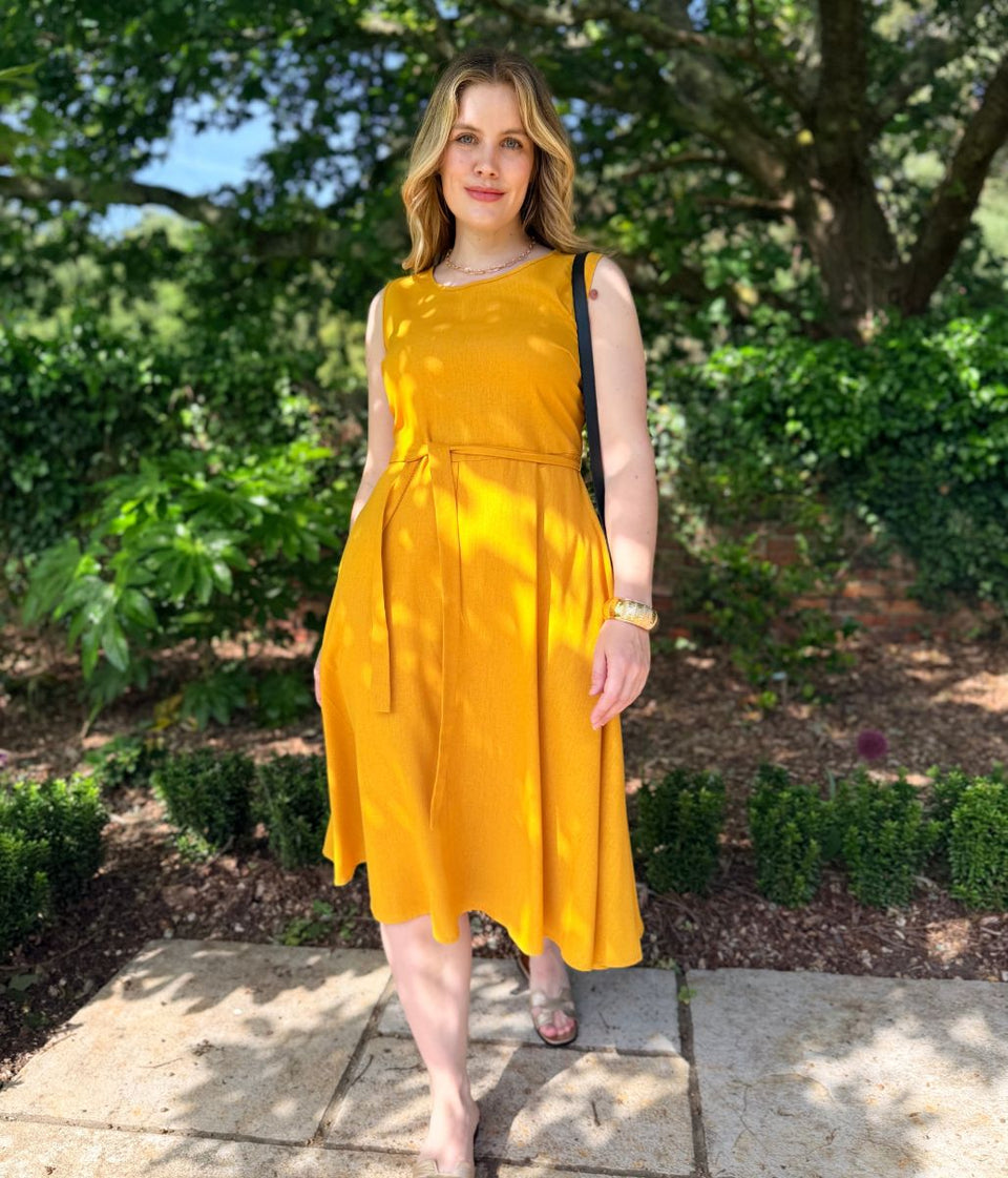Mustard Sleeveless Belted Linen Blend Midi Dress