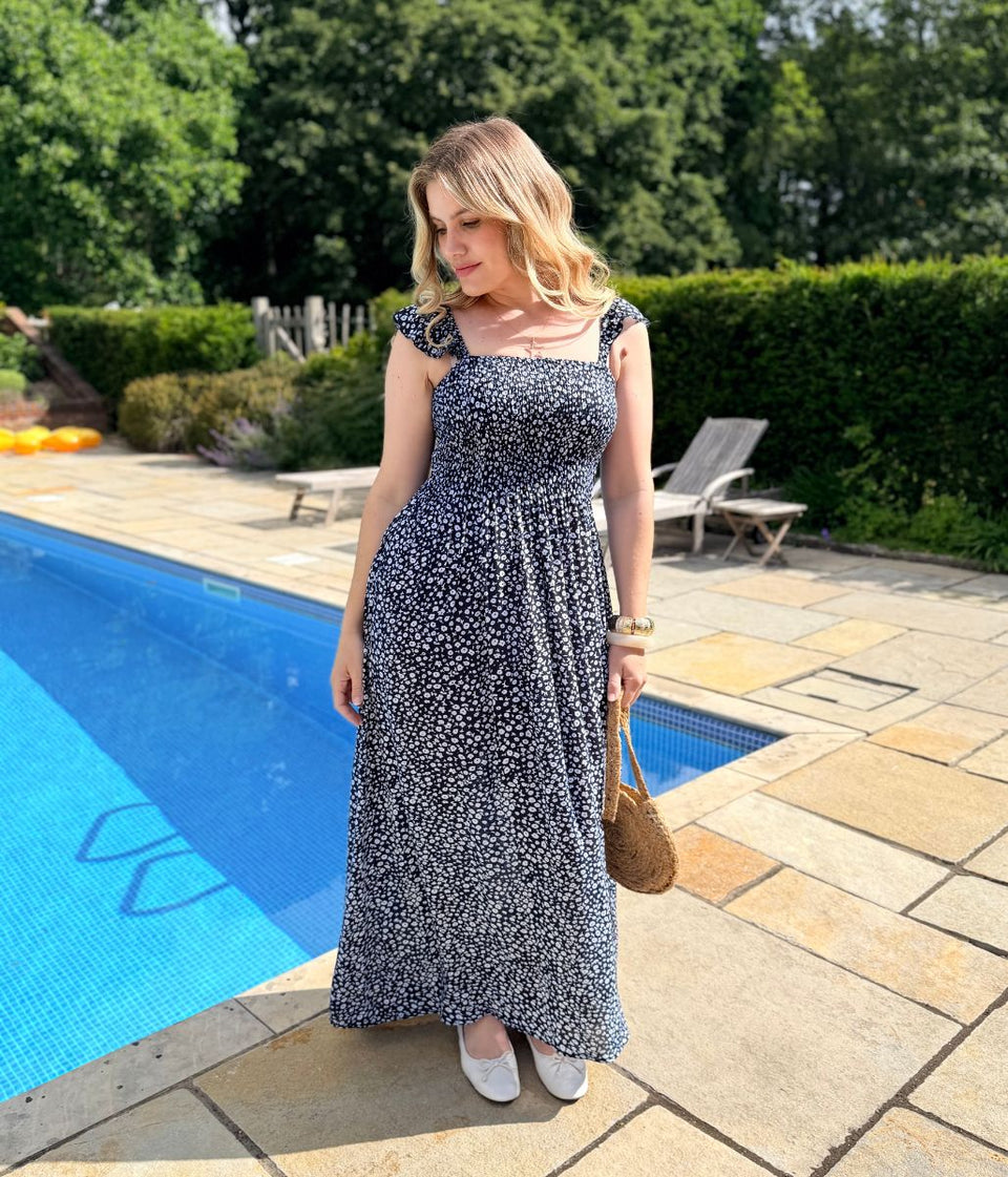 Mitzy Navy Floral Shirred Bodice Midaxi Dress