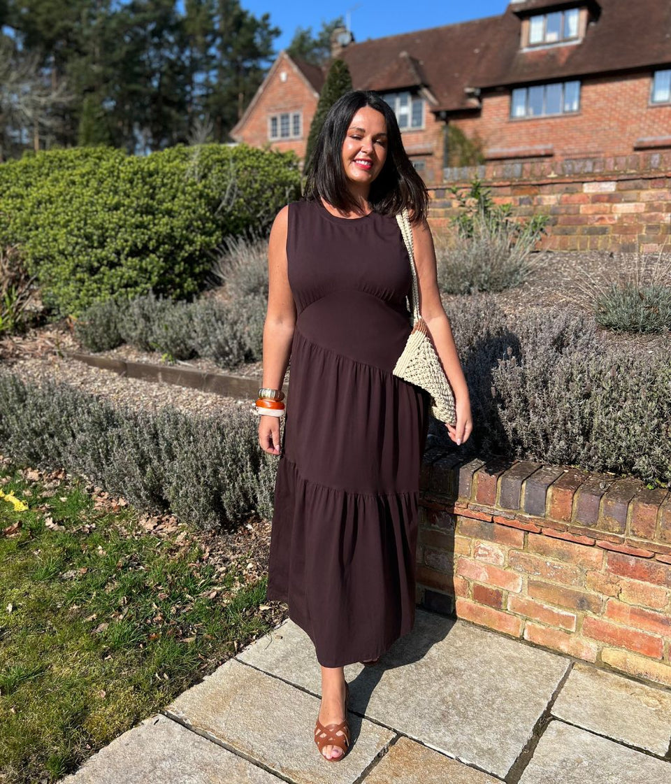 Brown Premium Asymmetric Sleeveless Jersey Dress