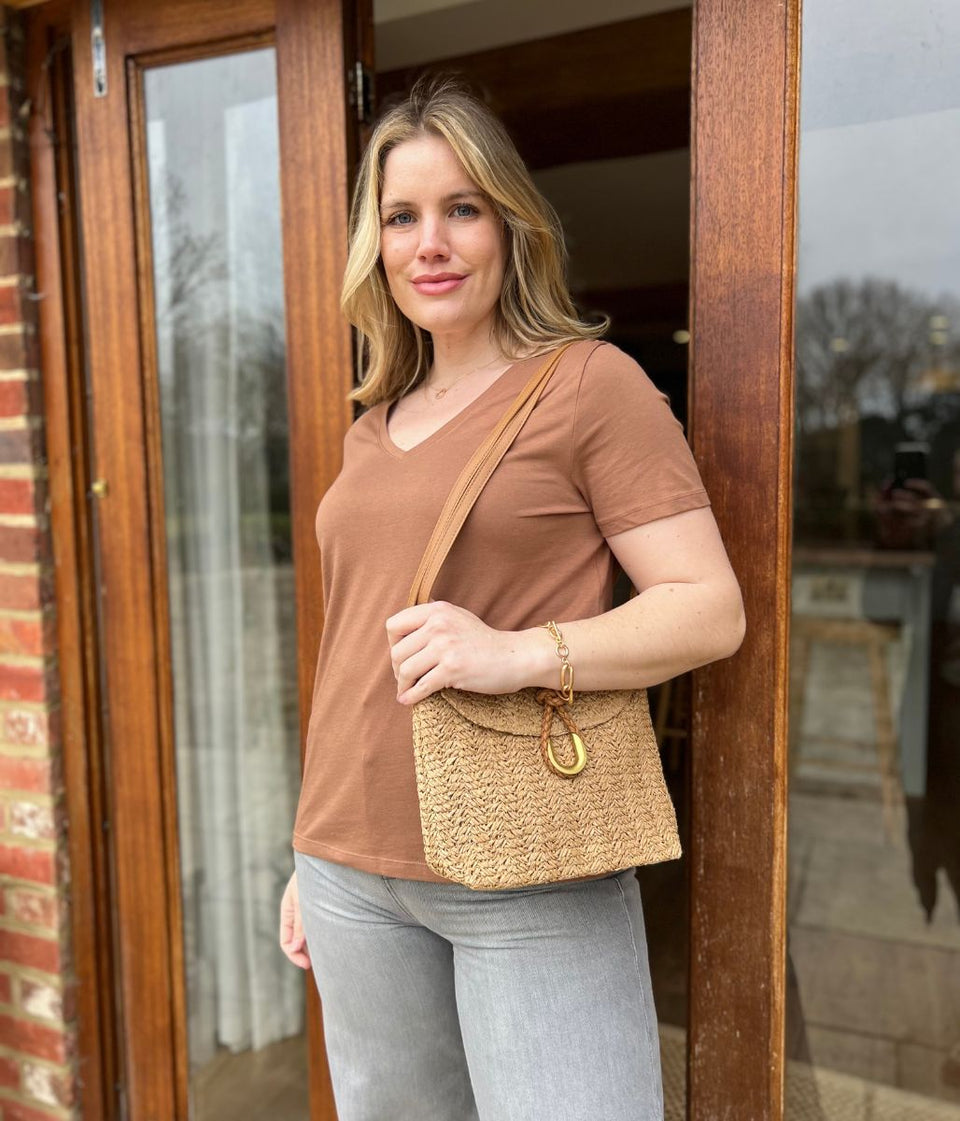 Brown Pure Cotton V Neck T Shirt