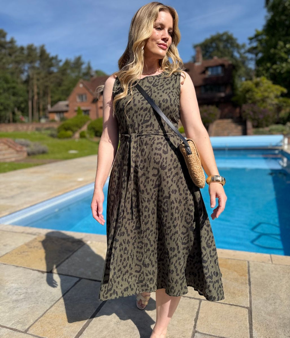 Green Animal Print Sleeveless Belted Linen Blend Midi Dress