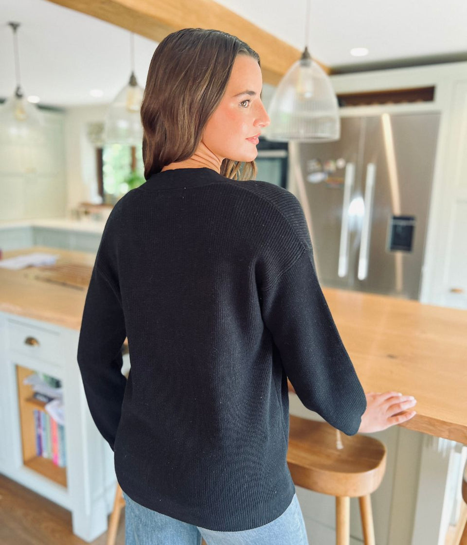 Stylish Edge-to-Edge Black Cotton Rich Cardigan
