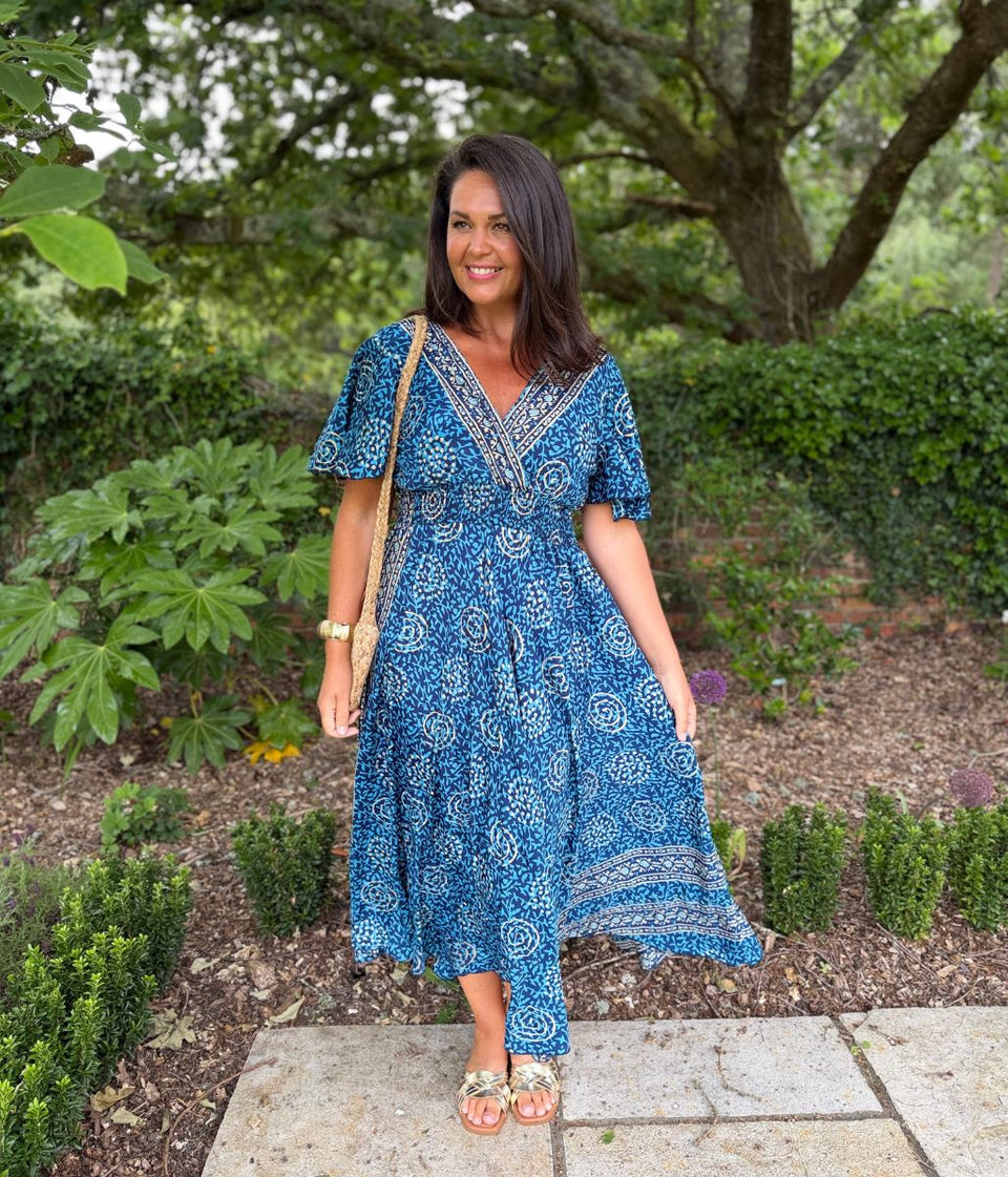 Medina Blue Shirred Waist Midi Dress