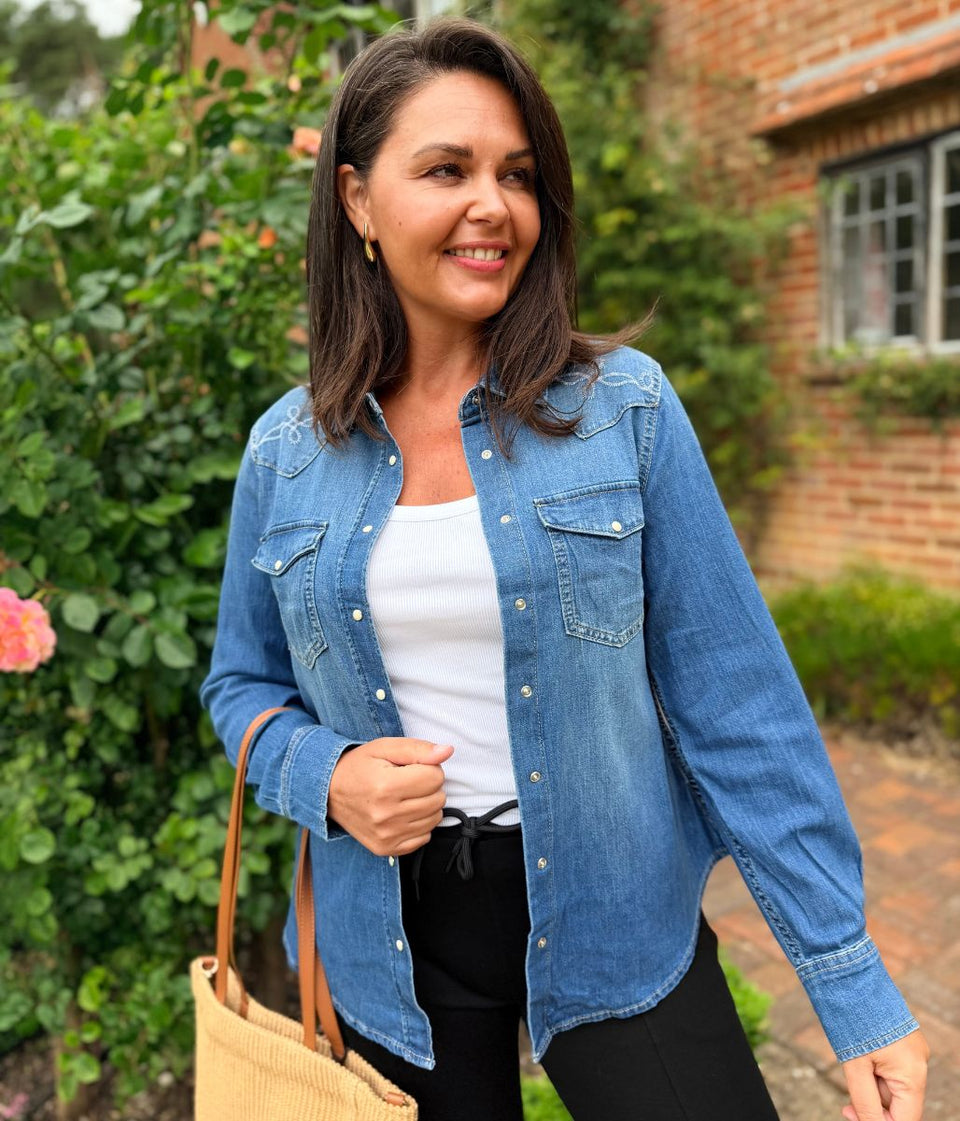 Denim Western Style Embroidered Shirt