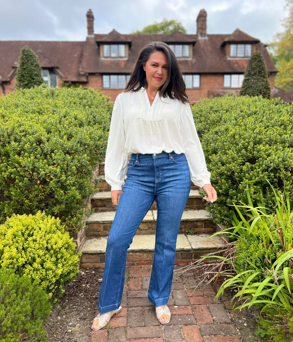 Mid Denim Crease Front Slim Flare Jeans