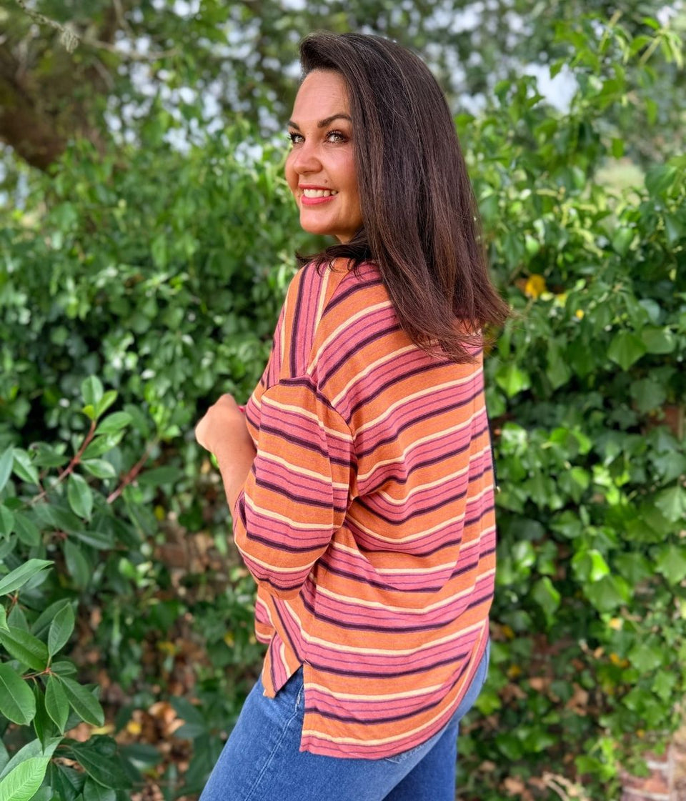 Paprika Striped Linen Blend Relaxed T Shirt