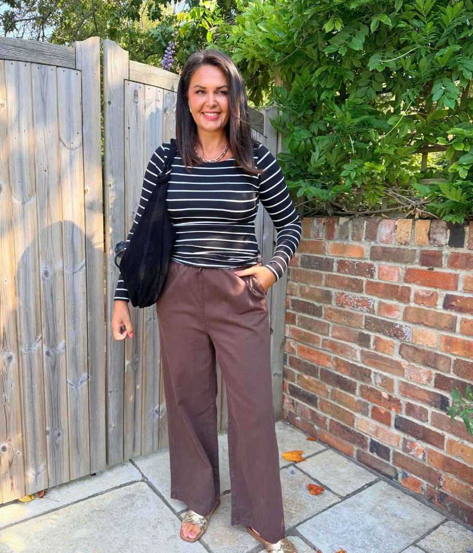 Brown Cotton Rich Drawstring Wide Leg Trousers