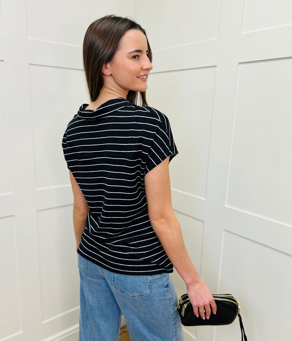 Black Linen Blend Striped Relaxed Collar Top