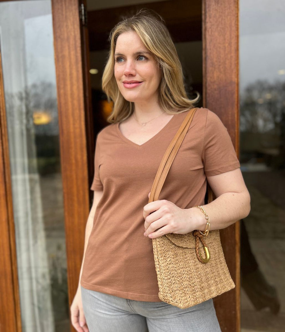 Brown Pure Cotton V Neck T Shirt