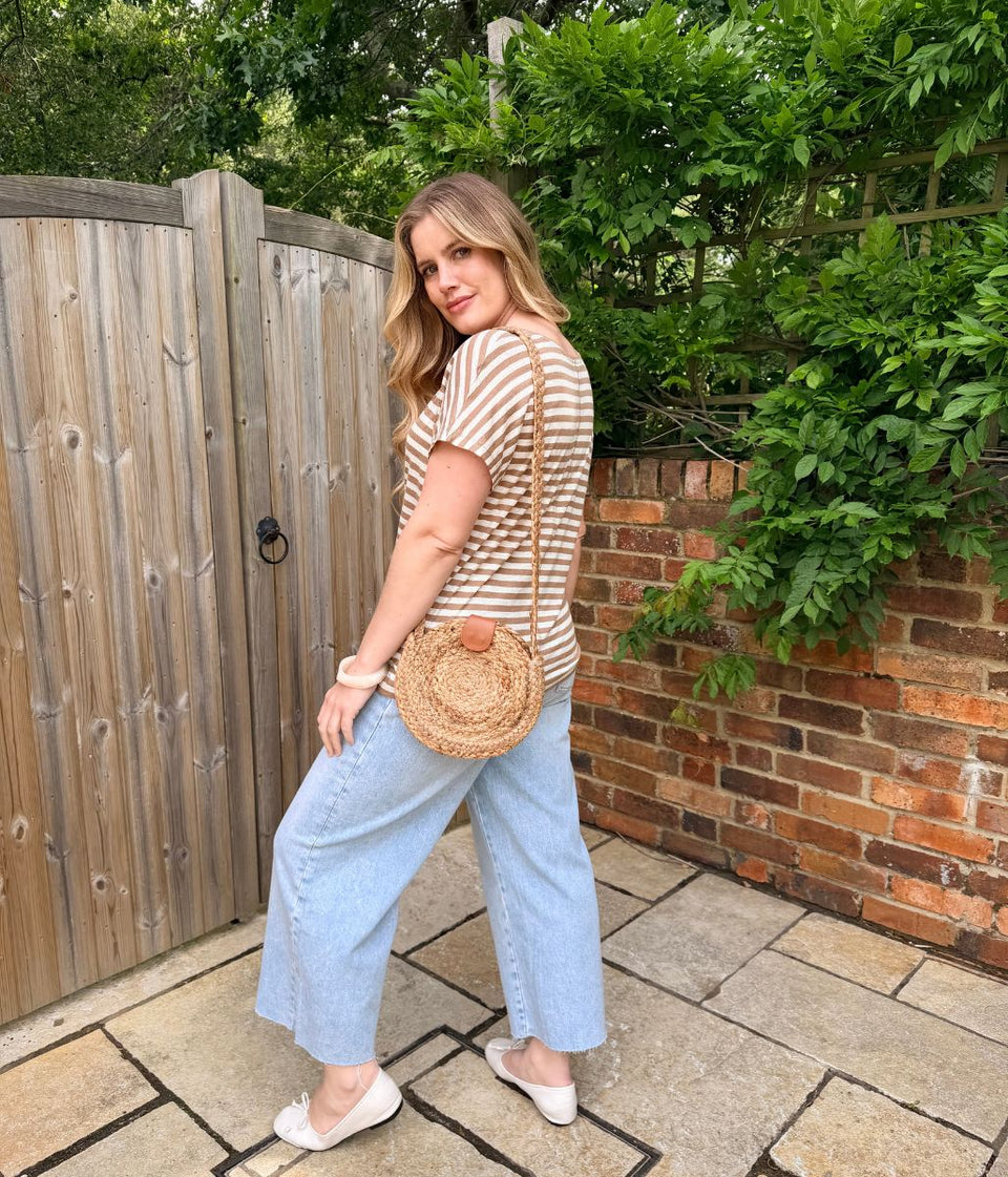 Brown Striped Linen Blend T Shirt