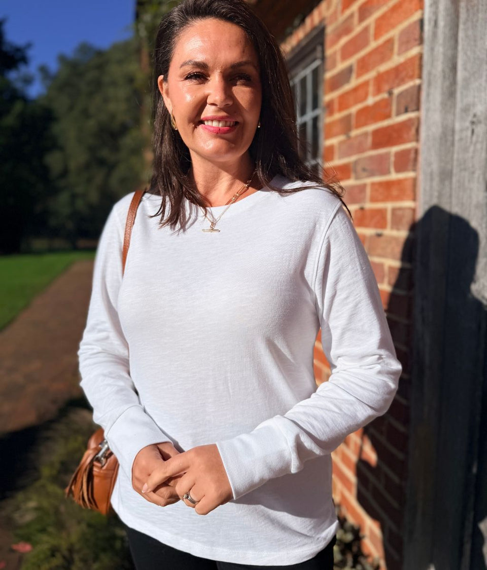 White Long Sleeve Organic Cotton Slub T Shirt