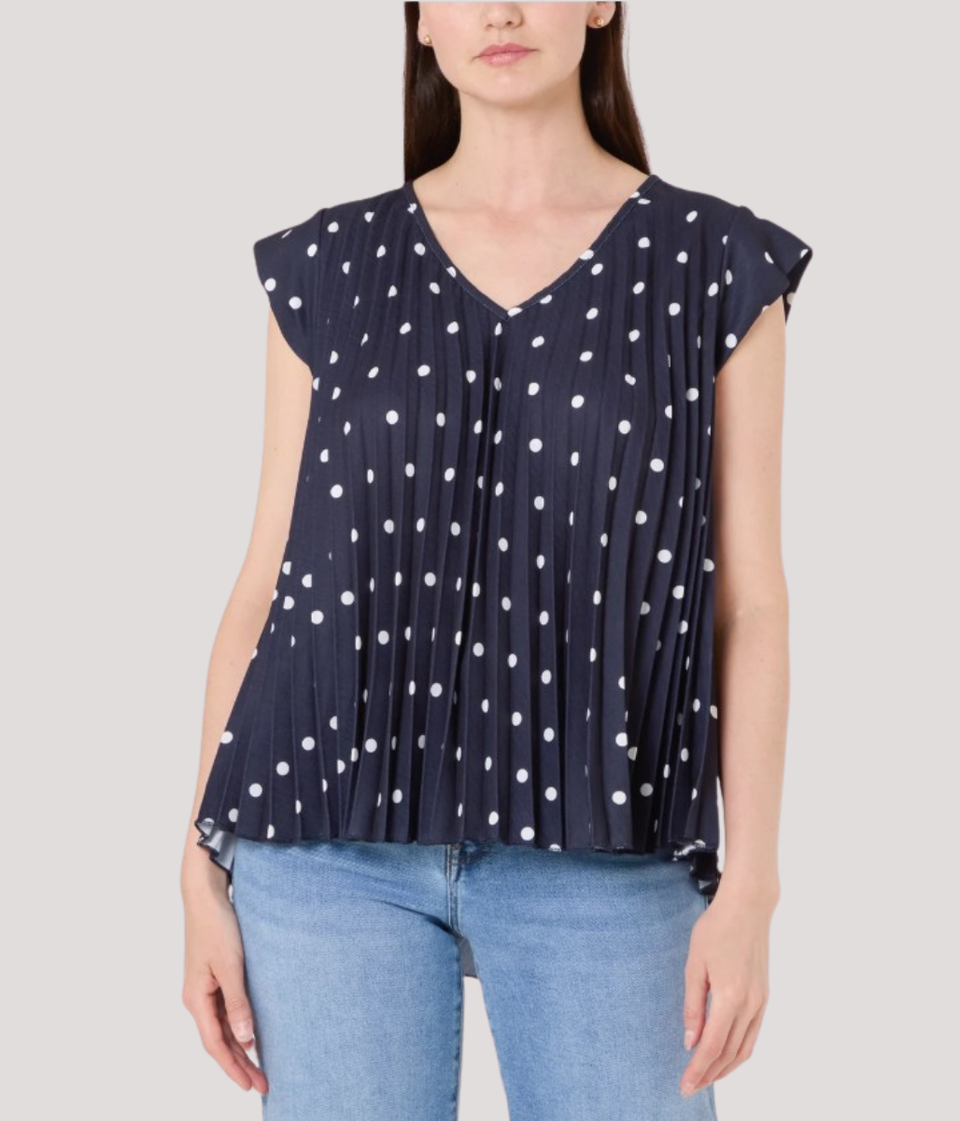 Navy Polka Dot Pleated Top