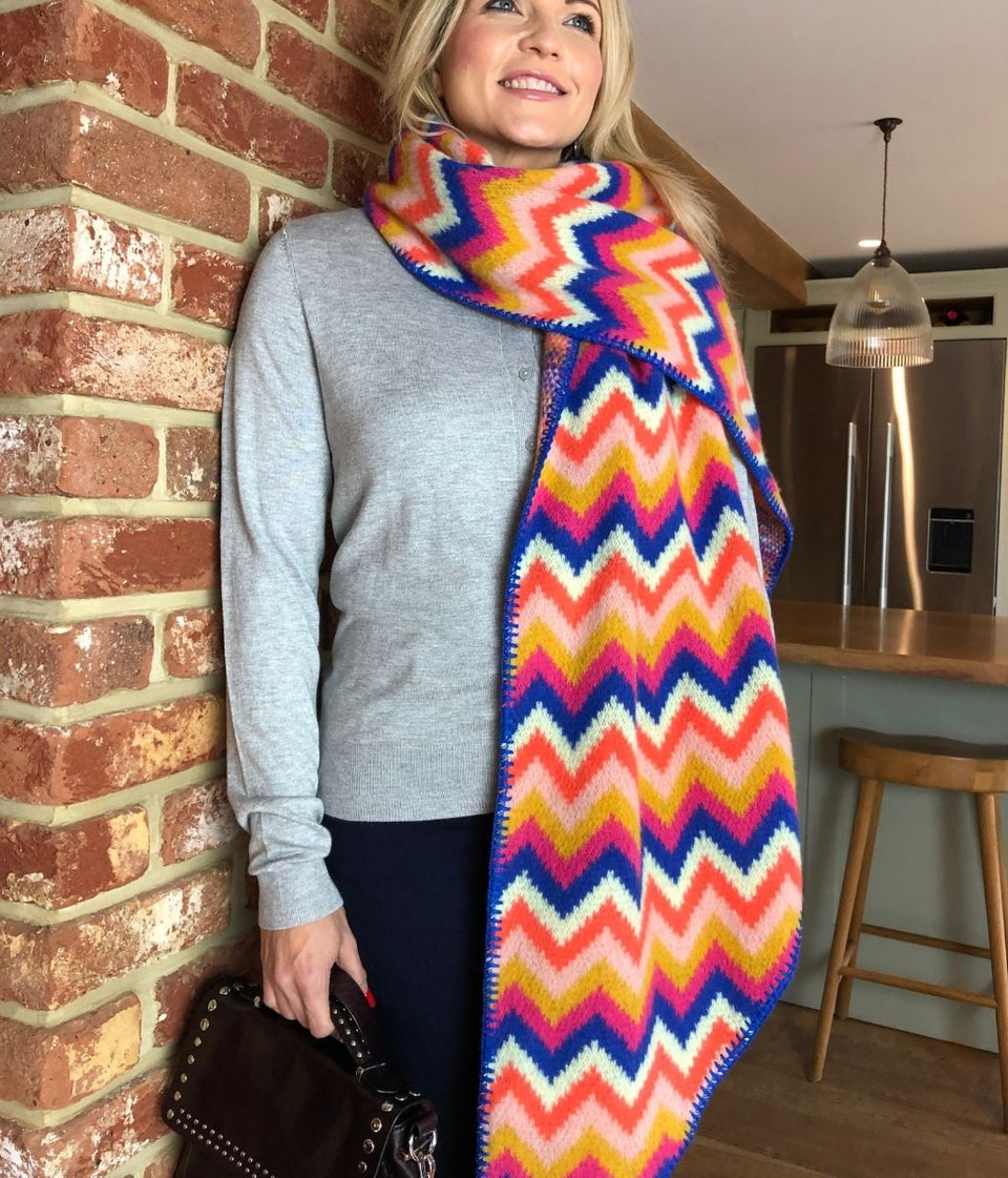 Blue Zigzag Wool Blend Scarf