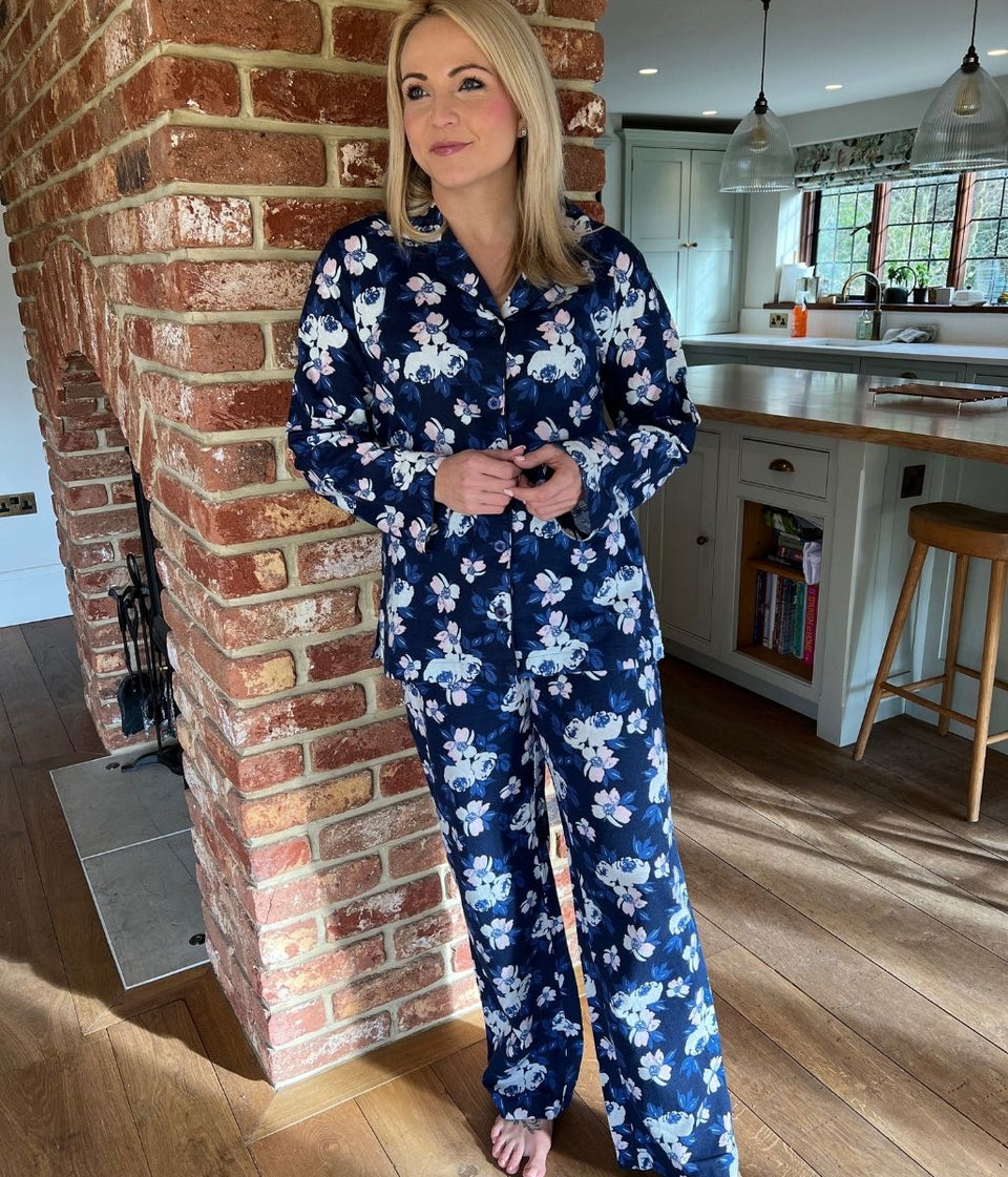 Navy Floral Brushed Cotton Pyjamas