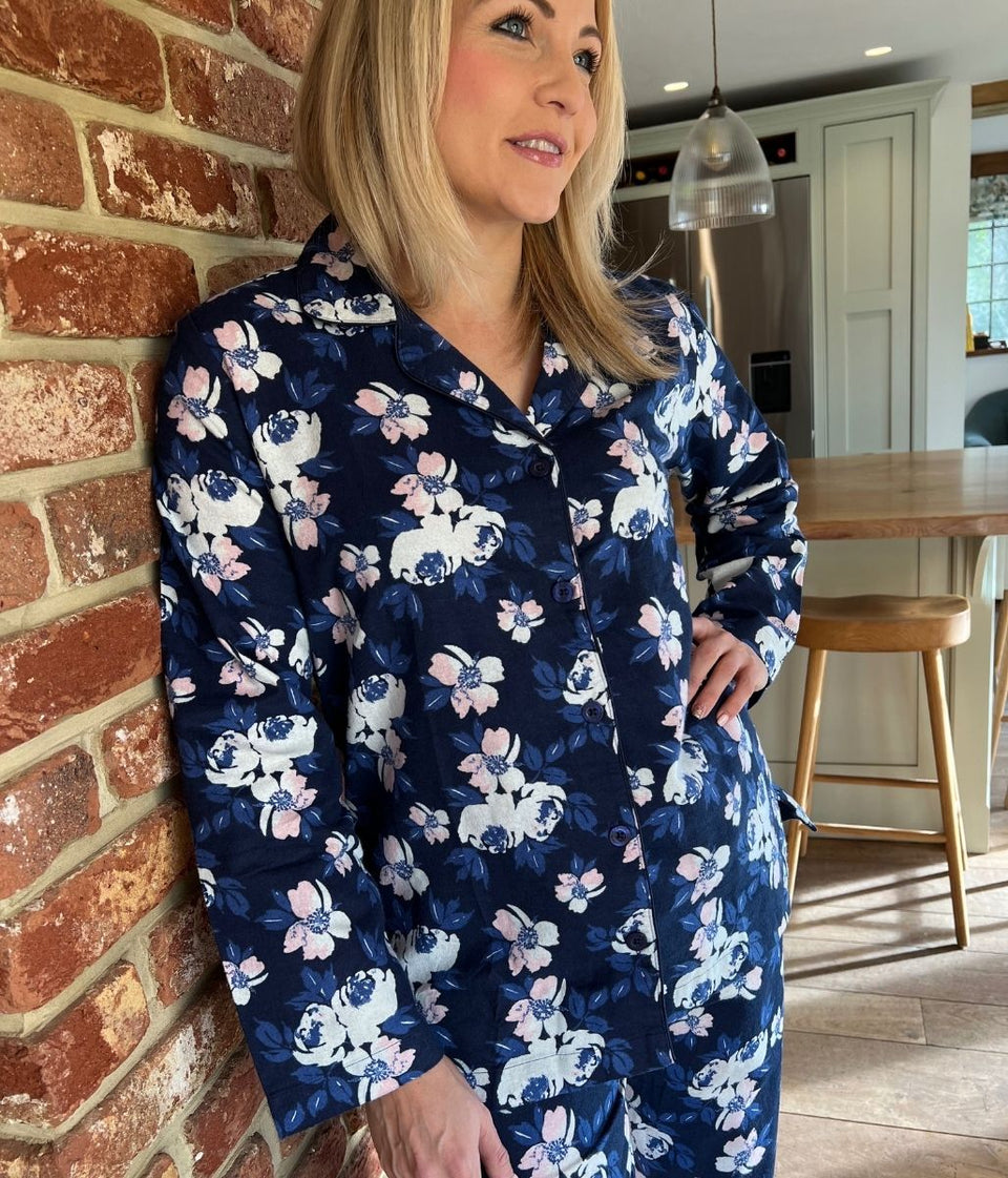 Navy Floral Brushed Cotton Pyjamas