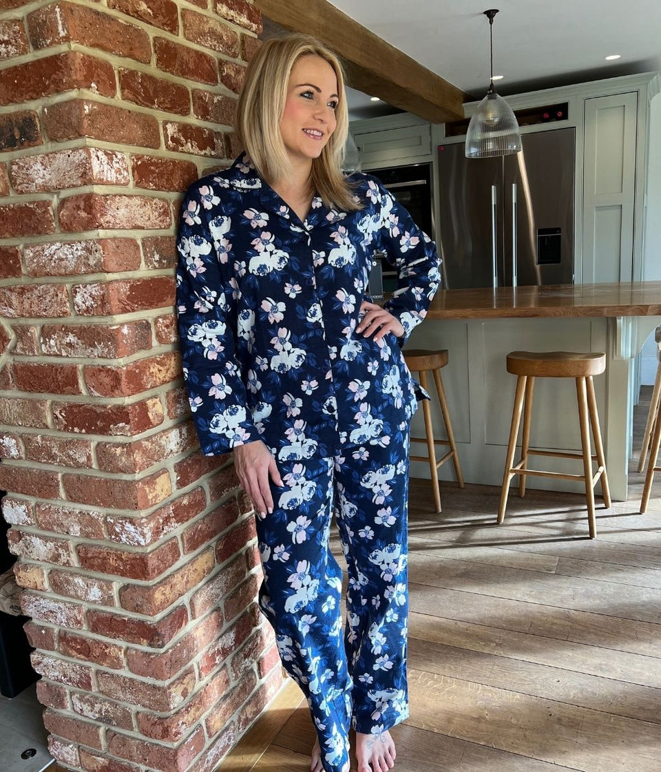 Navy Floral Brushed Cotton Pyjamas