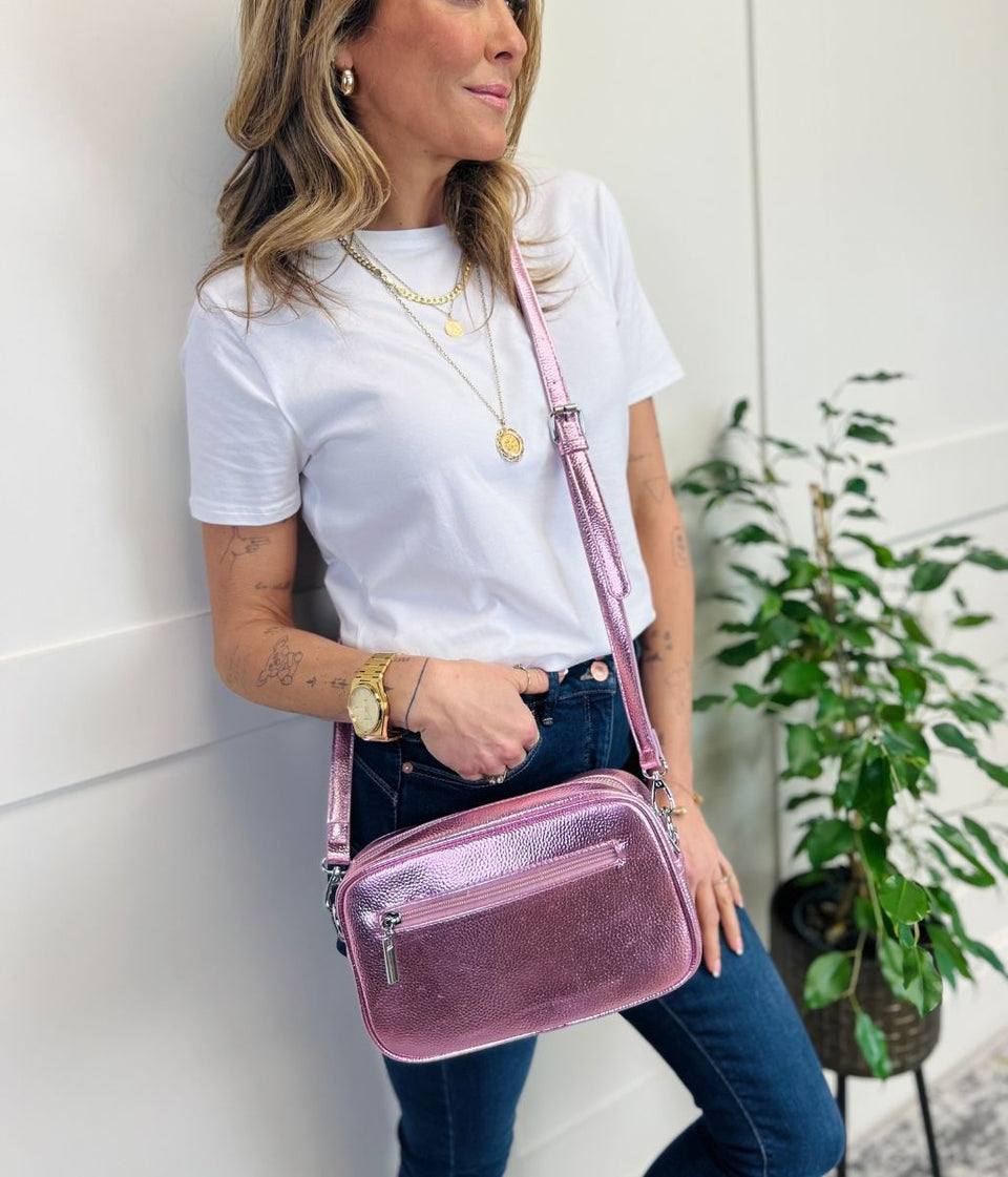 Pink Metallic Cross Body Camera Bag