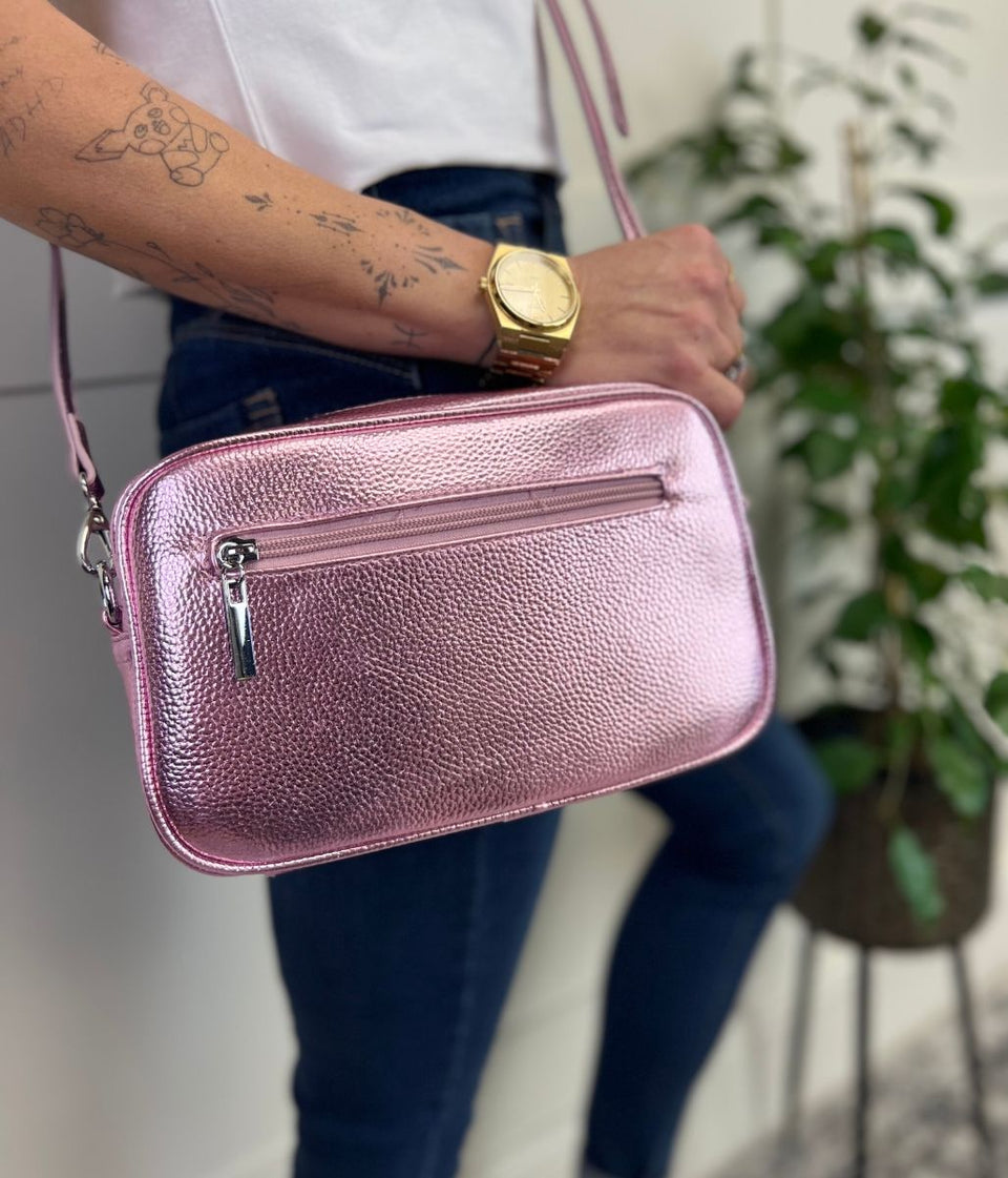 Pink Metallic Cross Body Camera Bag