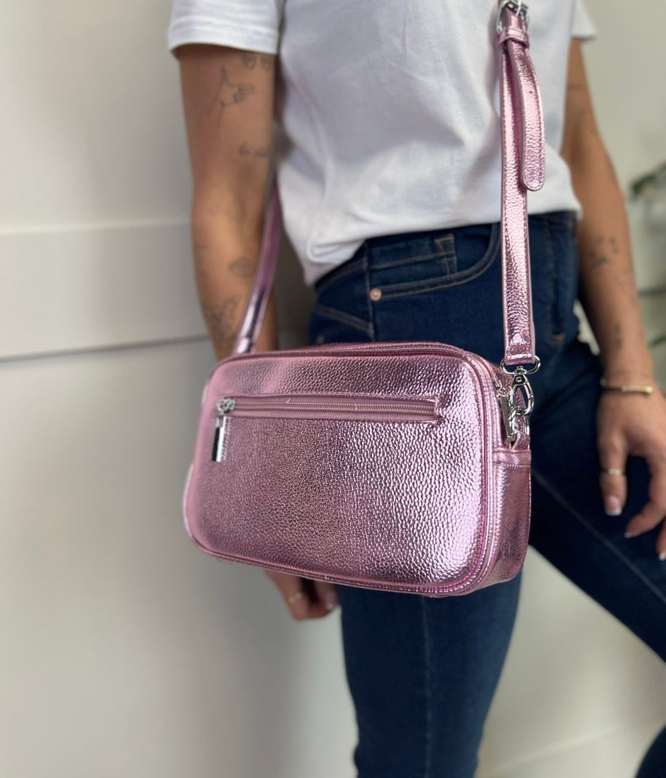 Pink Metallic Cross Body Camera Bag