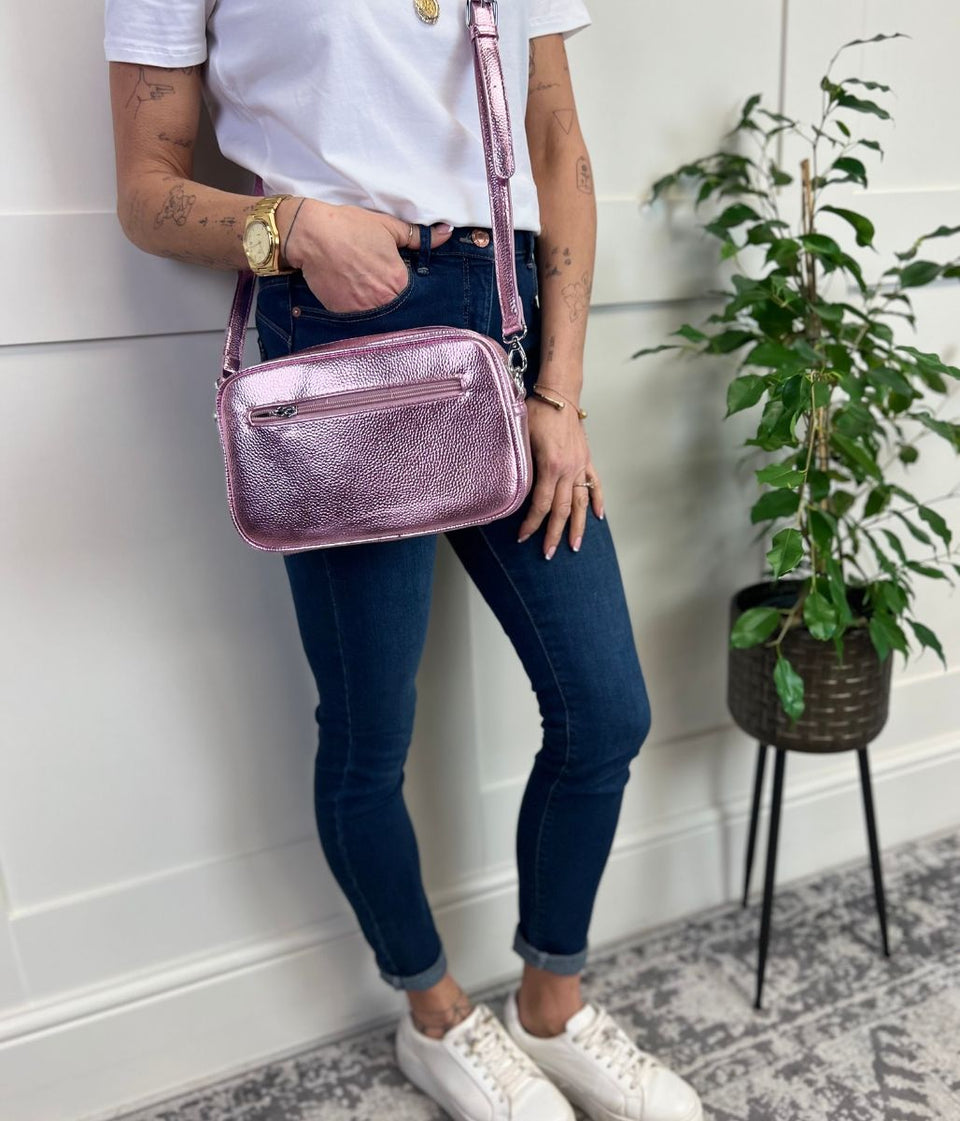 Pink Metallic Cross Body Camera Bag