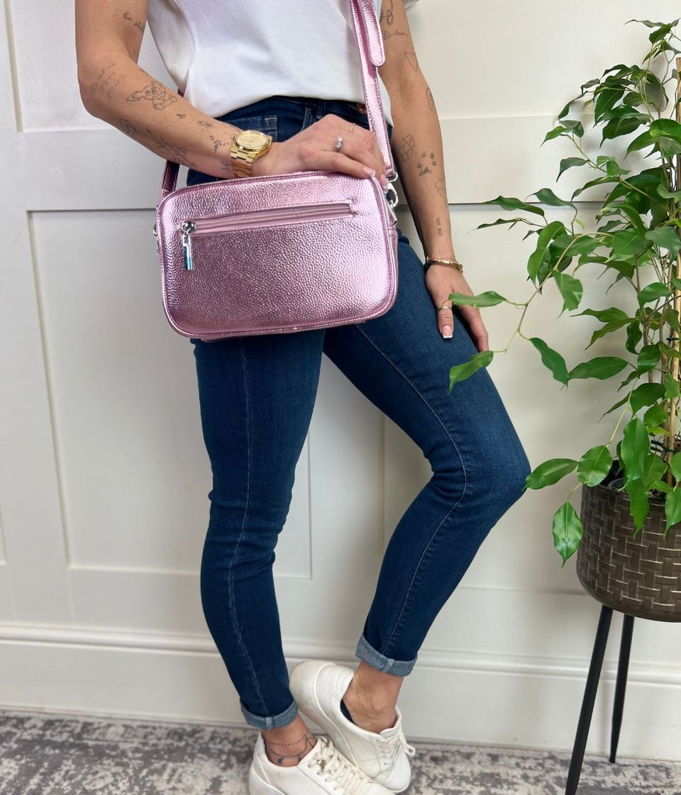 Pink Metallic Cross Body Camera Bag