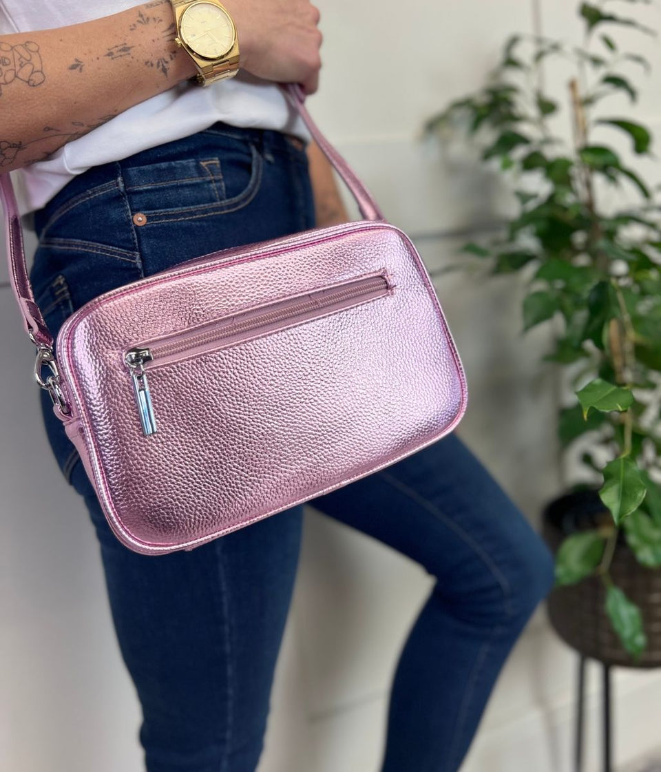 Pink Metallic Cross Body Camera Bag