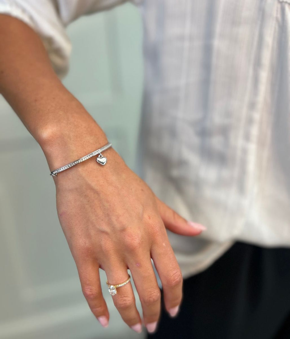 Silver Heart Charm Curved Drawstring Bracelet