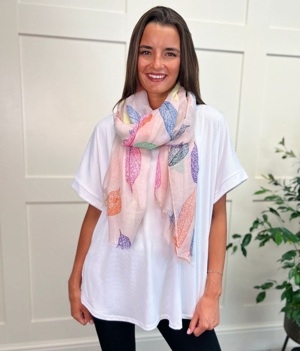 Pink Multi Leaf Print Scarf