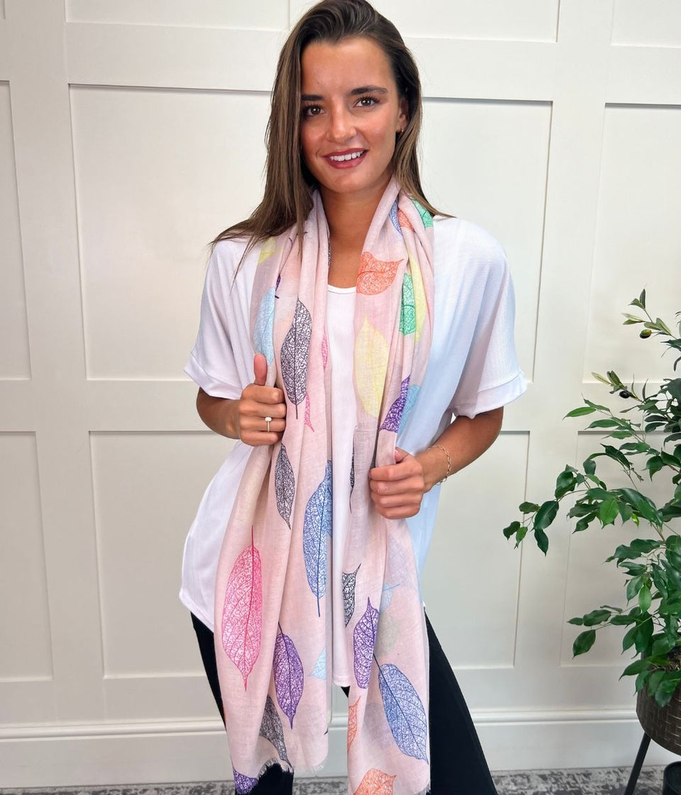 Pink Multi Leaf Print Scarf