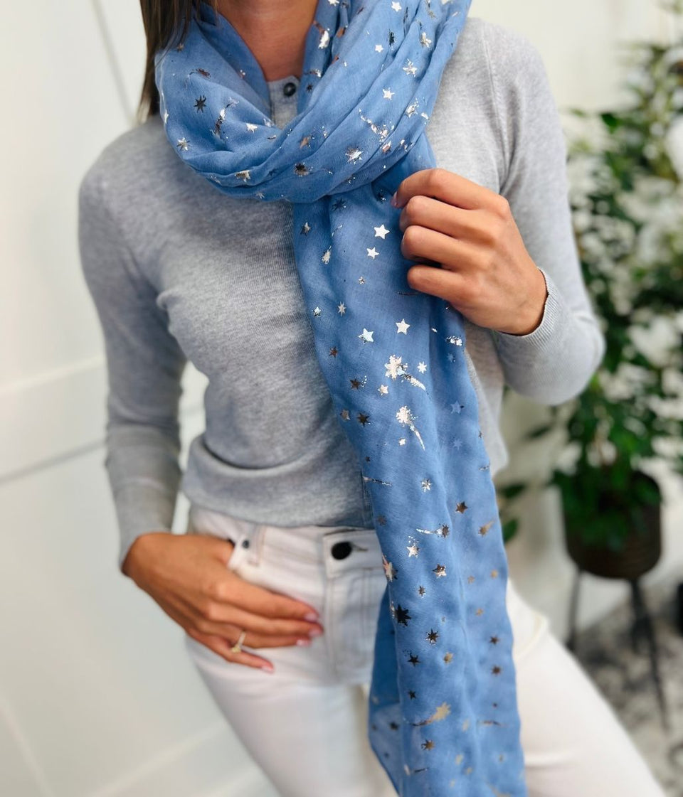 Blue Foil Shooting Stars Print Scarf