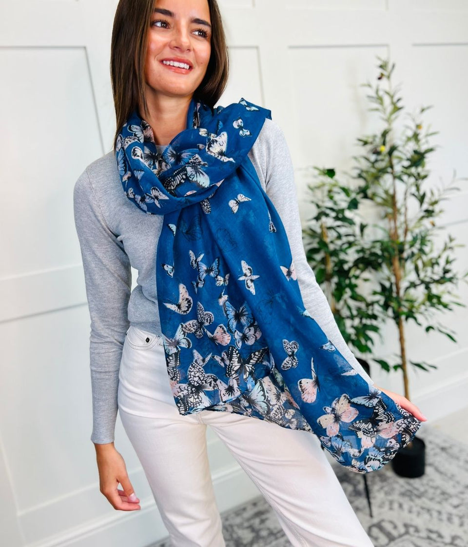 Navy Butterfly Print Scarf