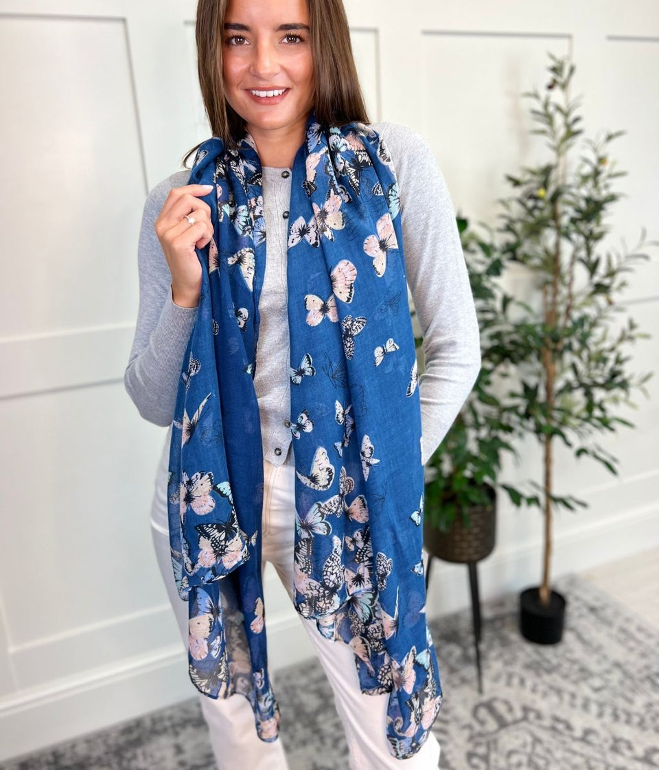 Navy Butterfly Print Scarf