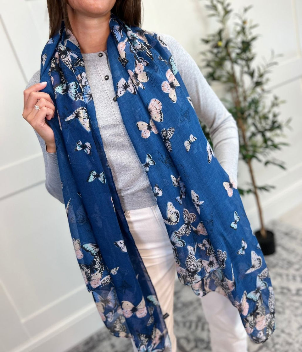 Navy Butterfly Print Scarf