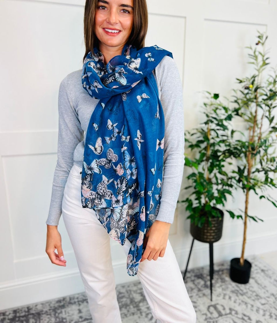 Navy Butterfly Print Scarf