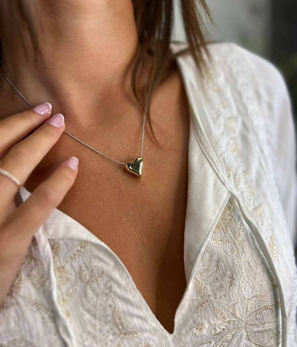 Silver & Gold Puff Heart Necklace