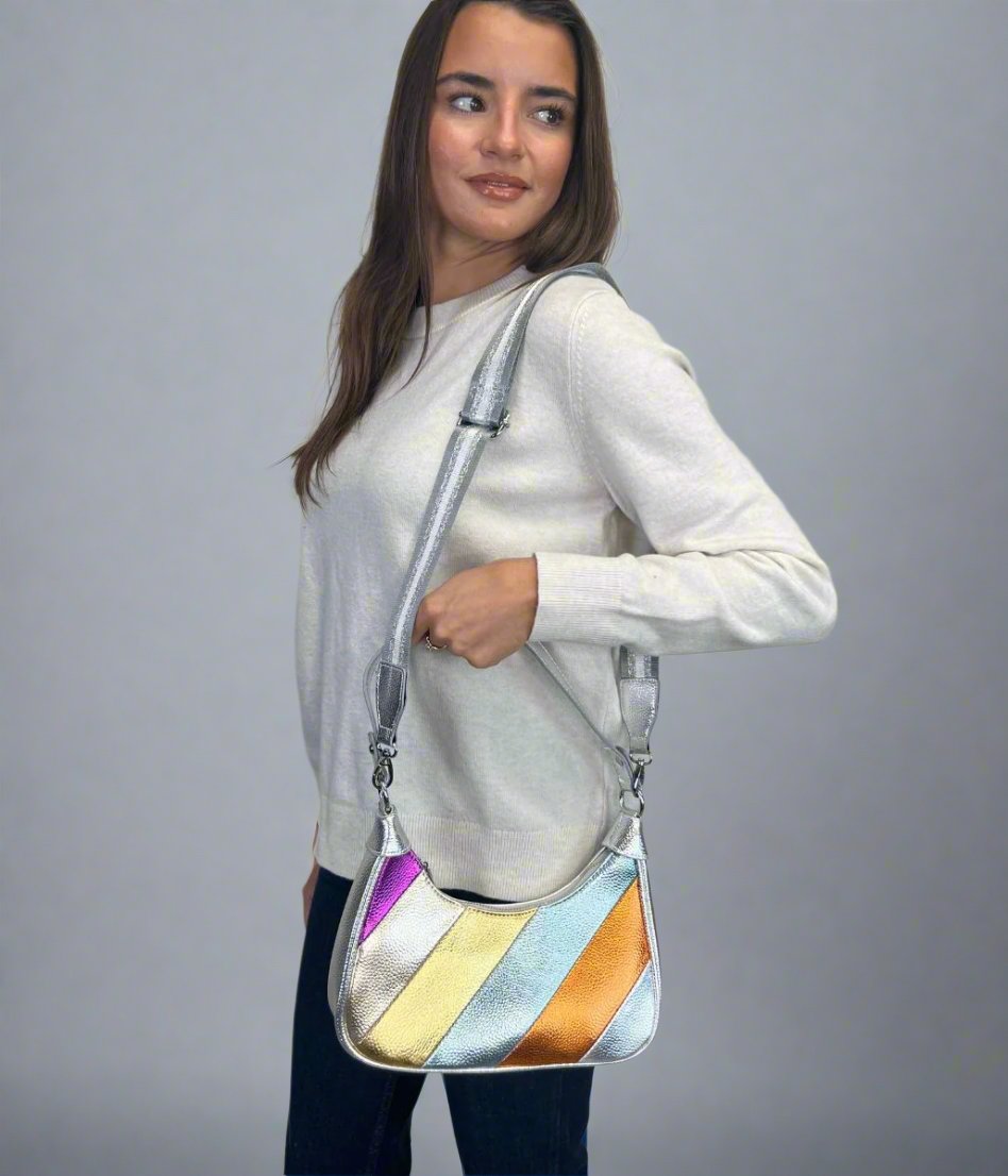 Women's Silver Metallic 2 Way Handbag Rainbow

