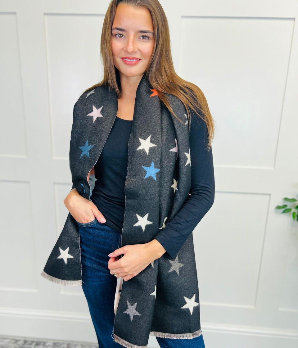 Black Star Print Cashmere Blend Blanket Scarf