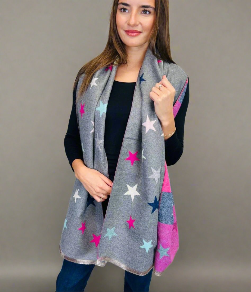 Grey Star Print Cashmere Blend Blanket Scarf