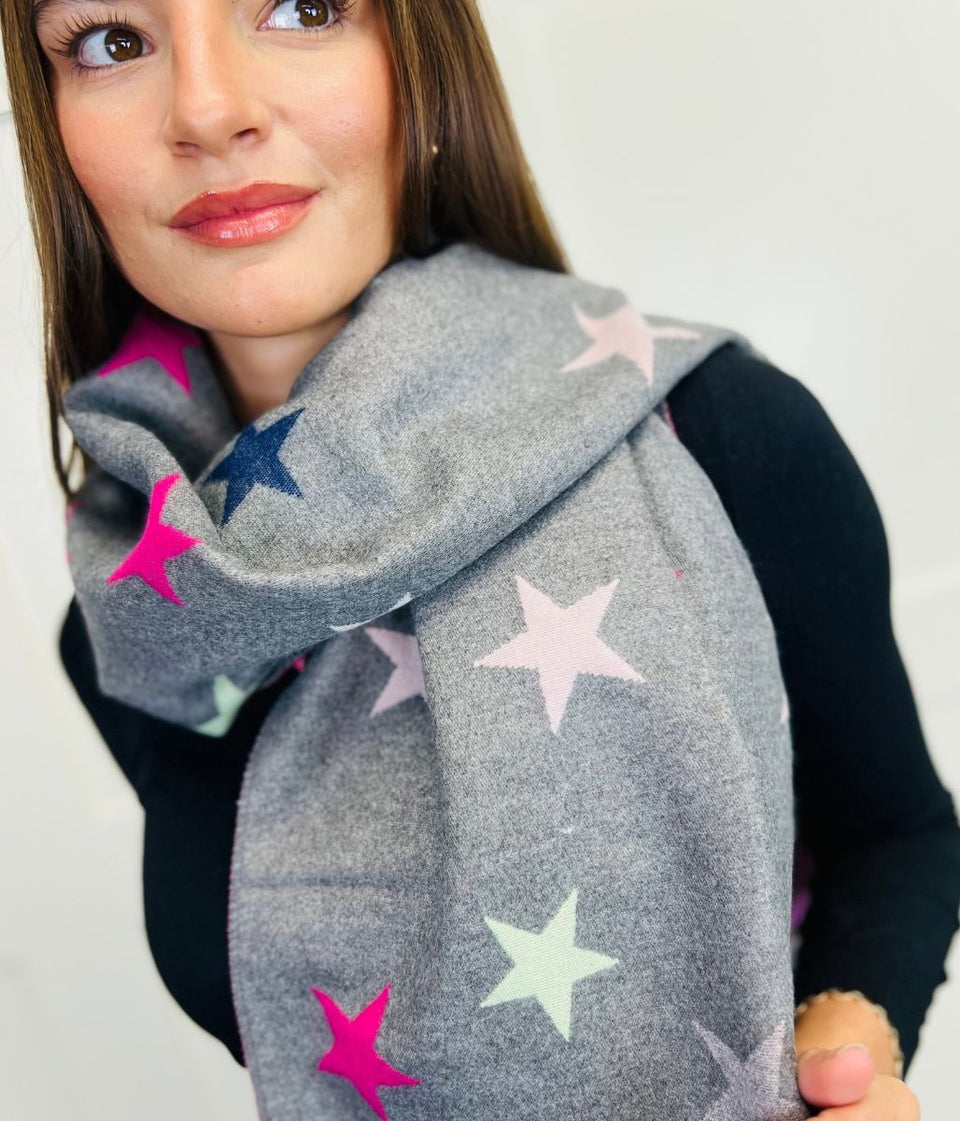 Grey Star Print Cashmere Blend Blanket Scarf